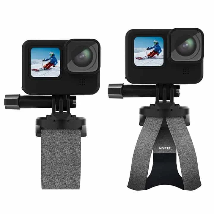 Two action cameras with screens displaying skiers, mounted on tripods.