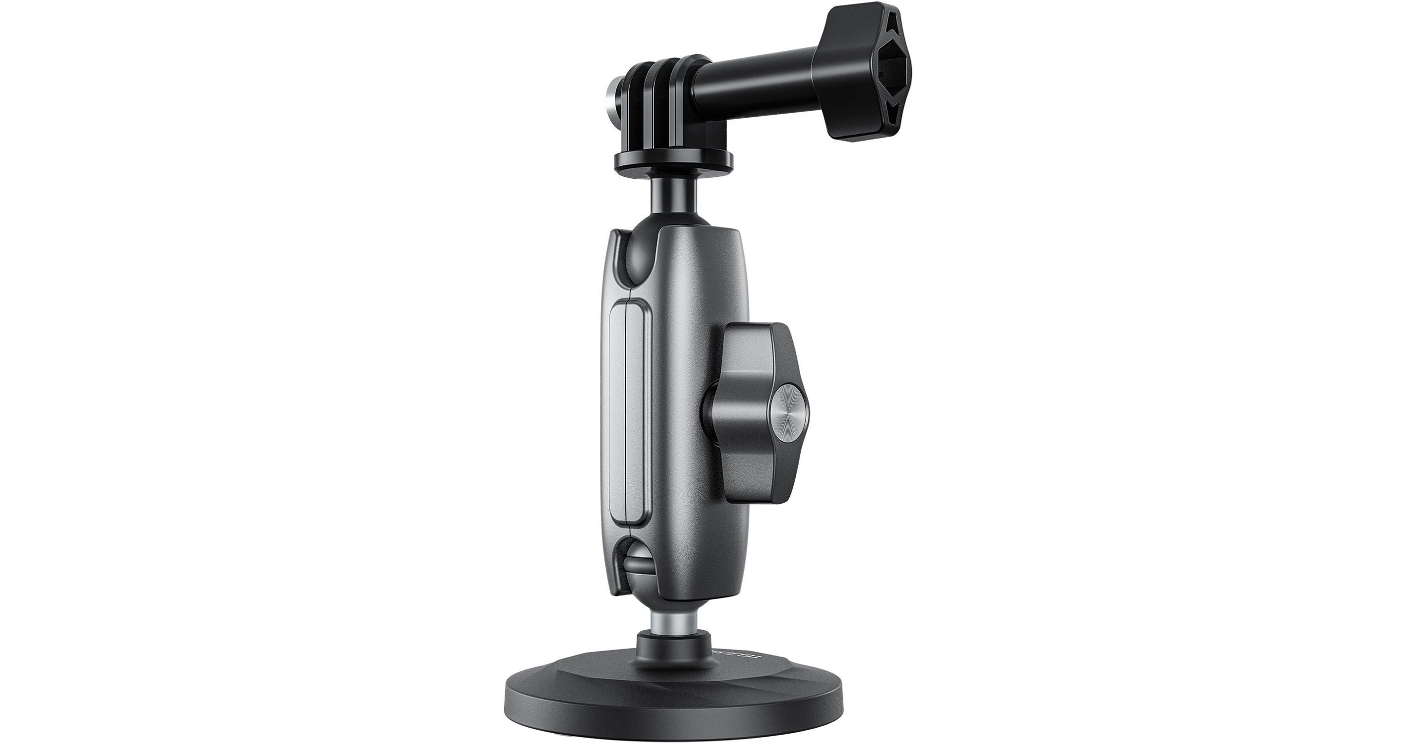 Camera mount with a camera attached on a white background