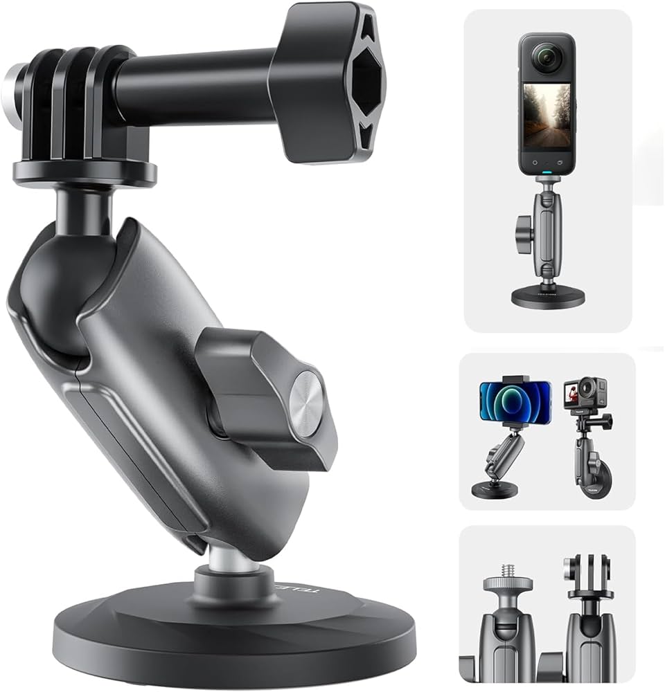 Multi-angle camera mount with various camera attachments on a white background