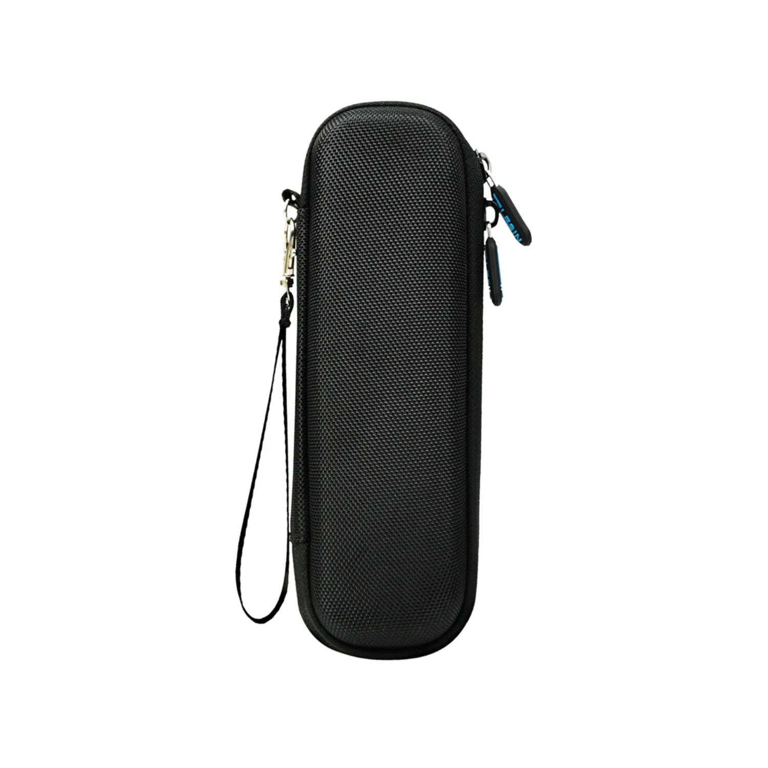 Black hard-shell carrying case with a strap on a white background