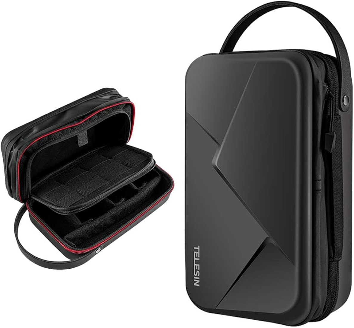 Black carrying case with open interior and visible Telesin branding on a white background