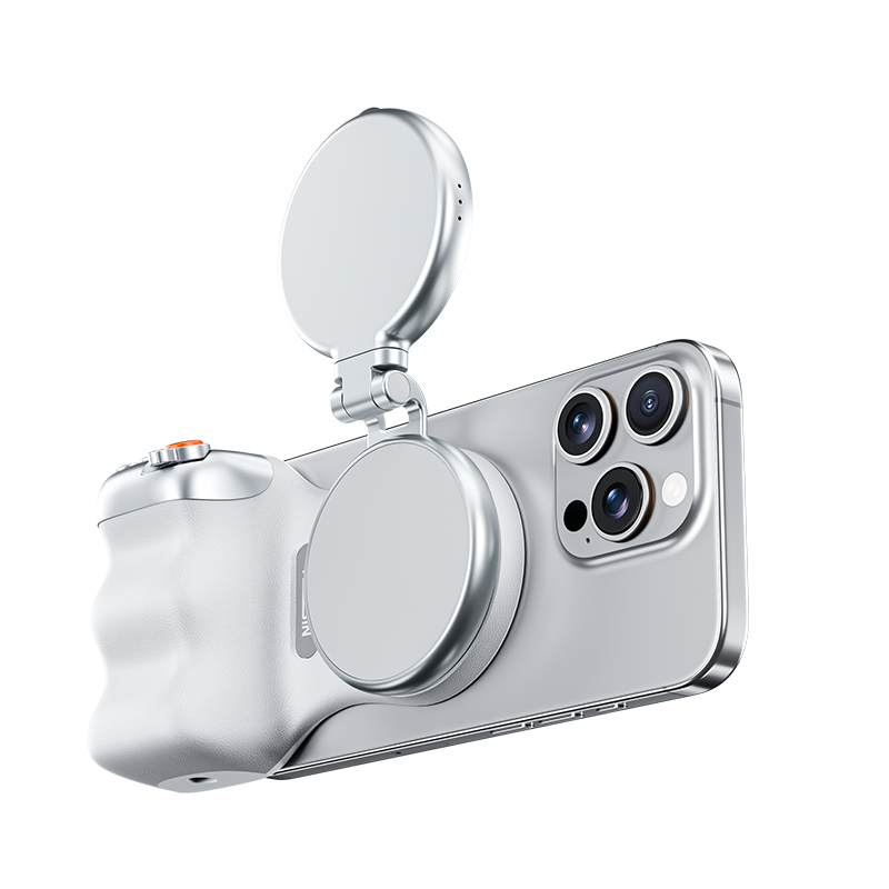 Smartphone with a camera lens cover and mirror on a white background