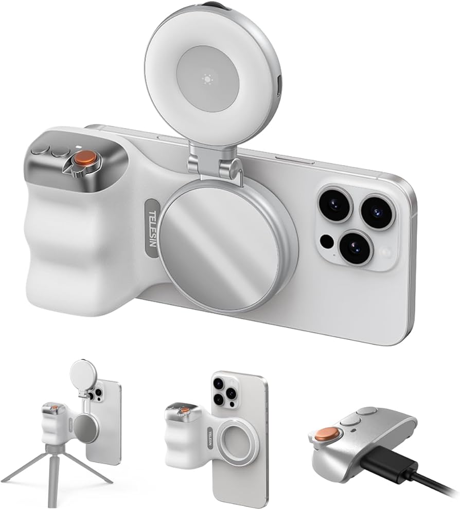 Phone camera lens kit with various attachments on a white background