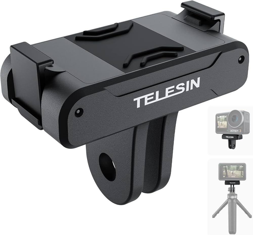 Black phone holder with Telesin branding, shown with a camera and tripod on a white background.