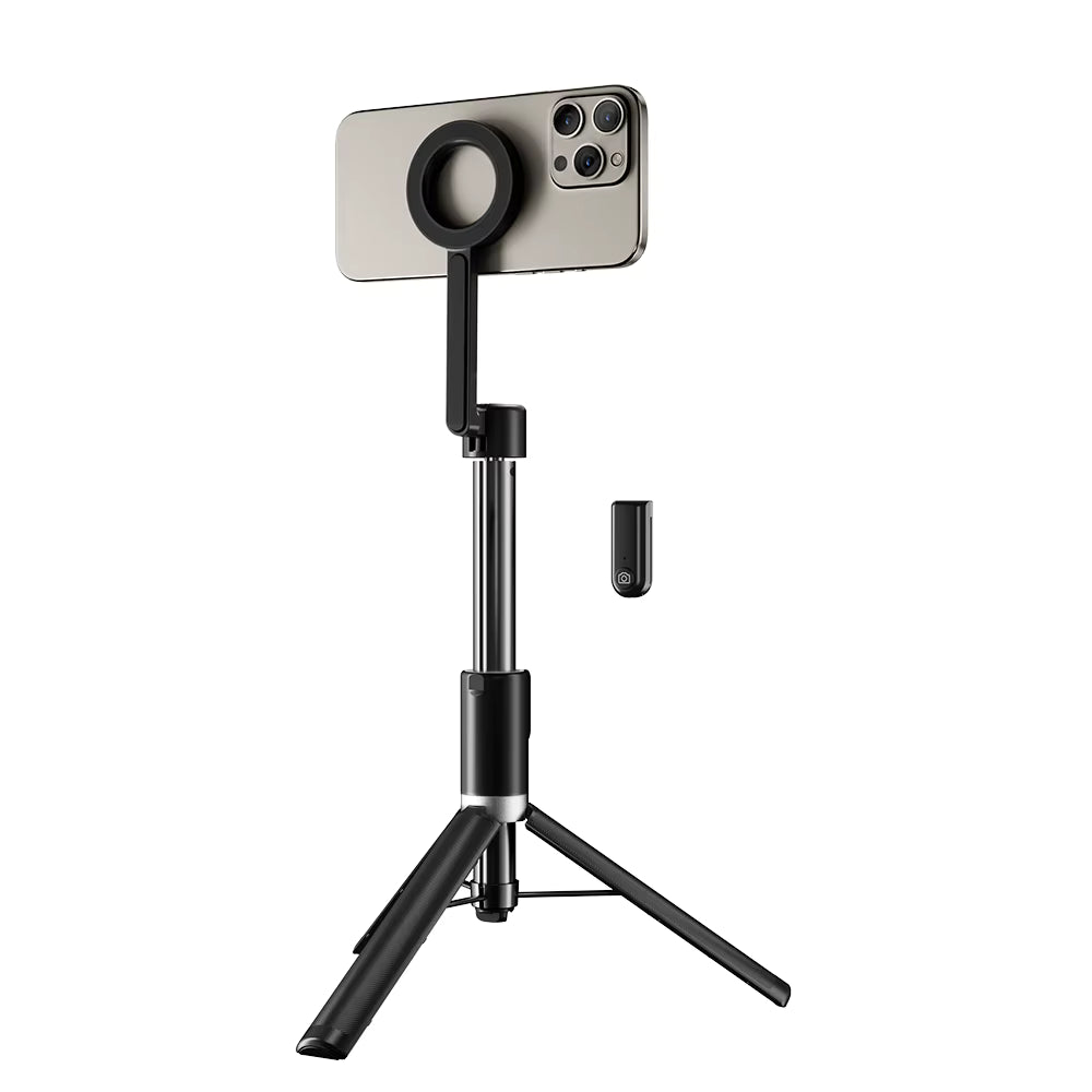 Phone with a camera lens attachment and tripod stand on a white background