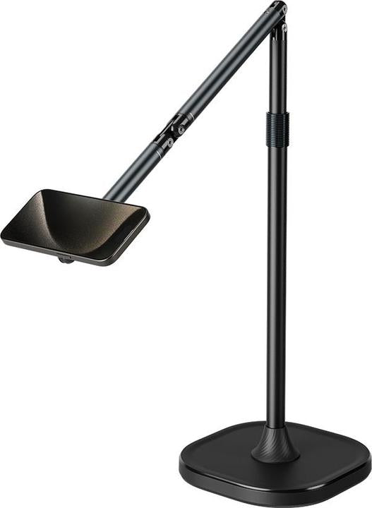 Black adjustable desk lamp on a white background