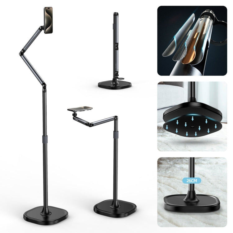 Collage of a black adjustable stand with close-up details on a white background