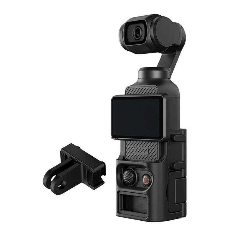 Black handheld camera with a clip on a white background