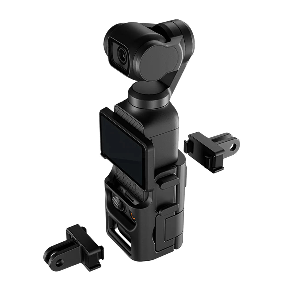 Black camera gimbal with attached accessories on a white background