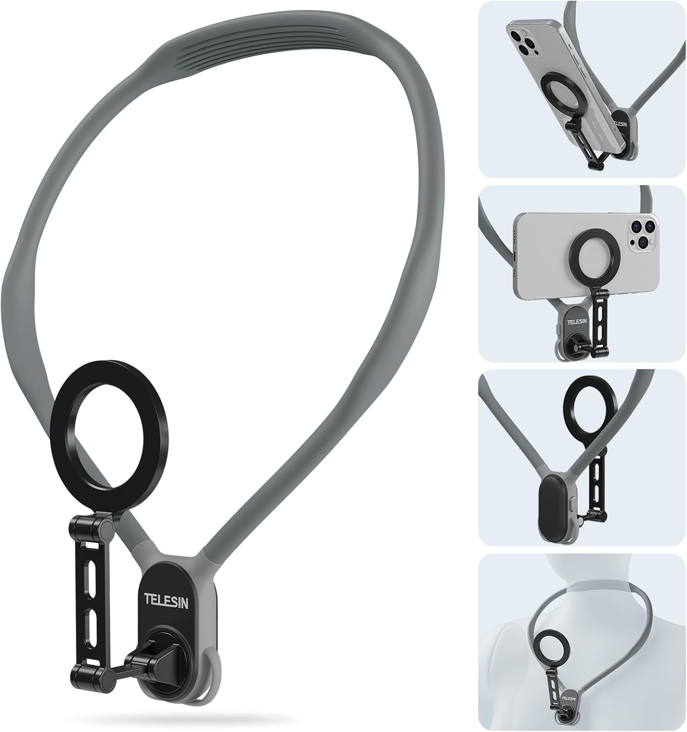 Phone holder with neck strap and multiple attachment points on a white background