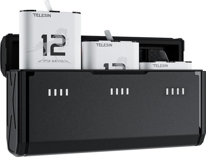 Black battery holder with Telesin branded batteries on a white background