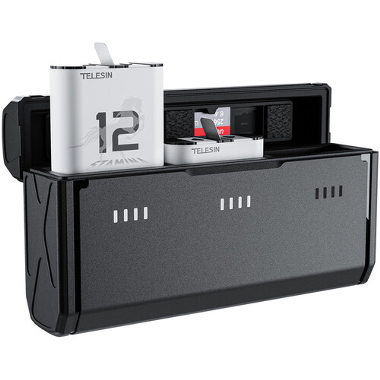 Black camera battery charger with Telesin branding on a white background