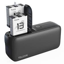 Black TELESIN camera card reader with two memory cards on a white background
