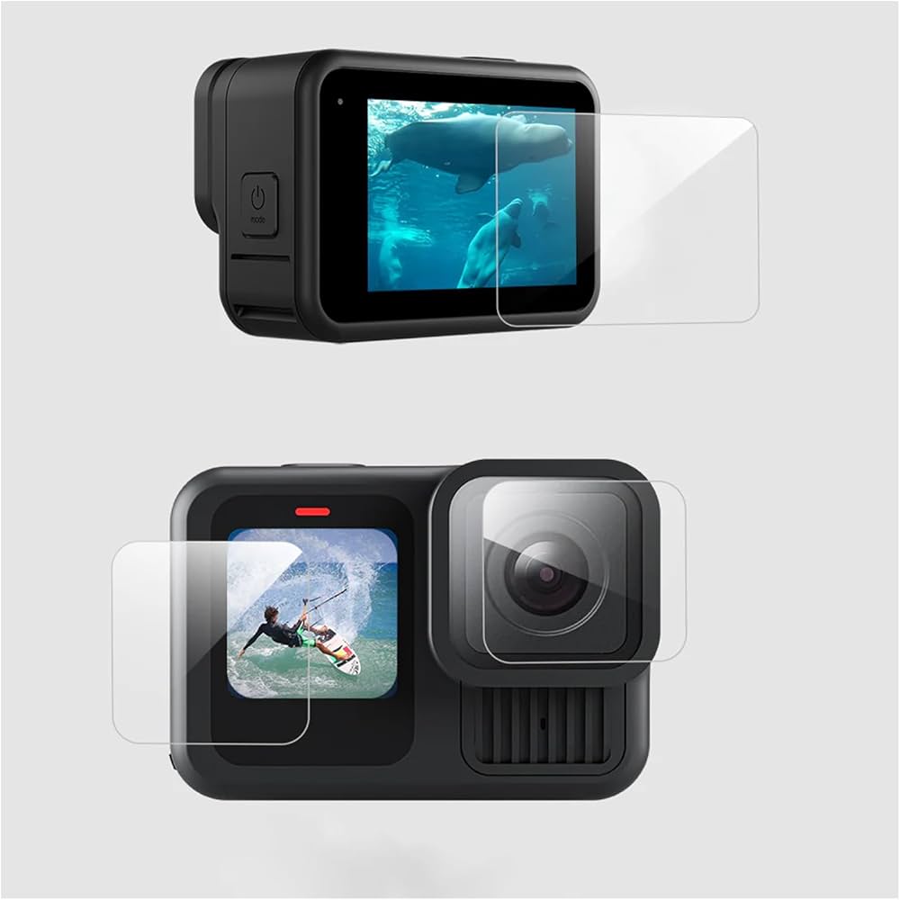 Action camera with screen protector on a white background