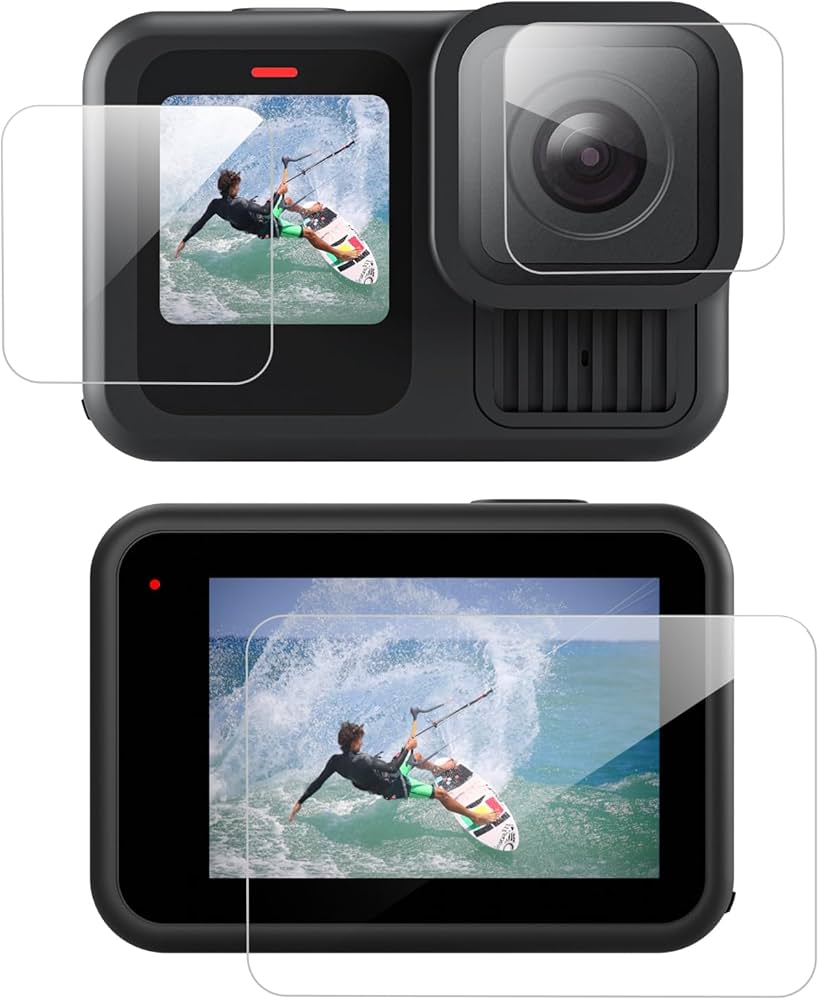 Two action cameras with screen protectors on a white background