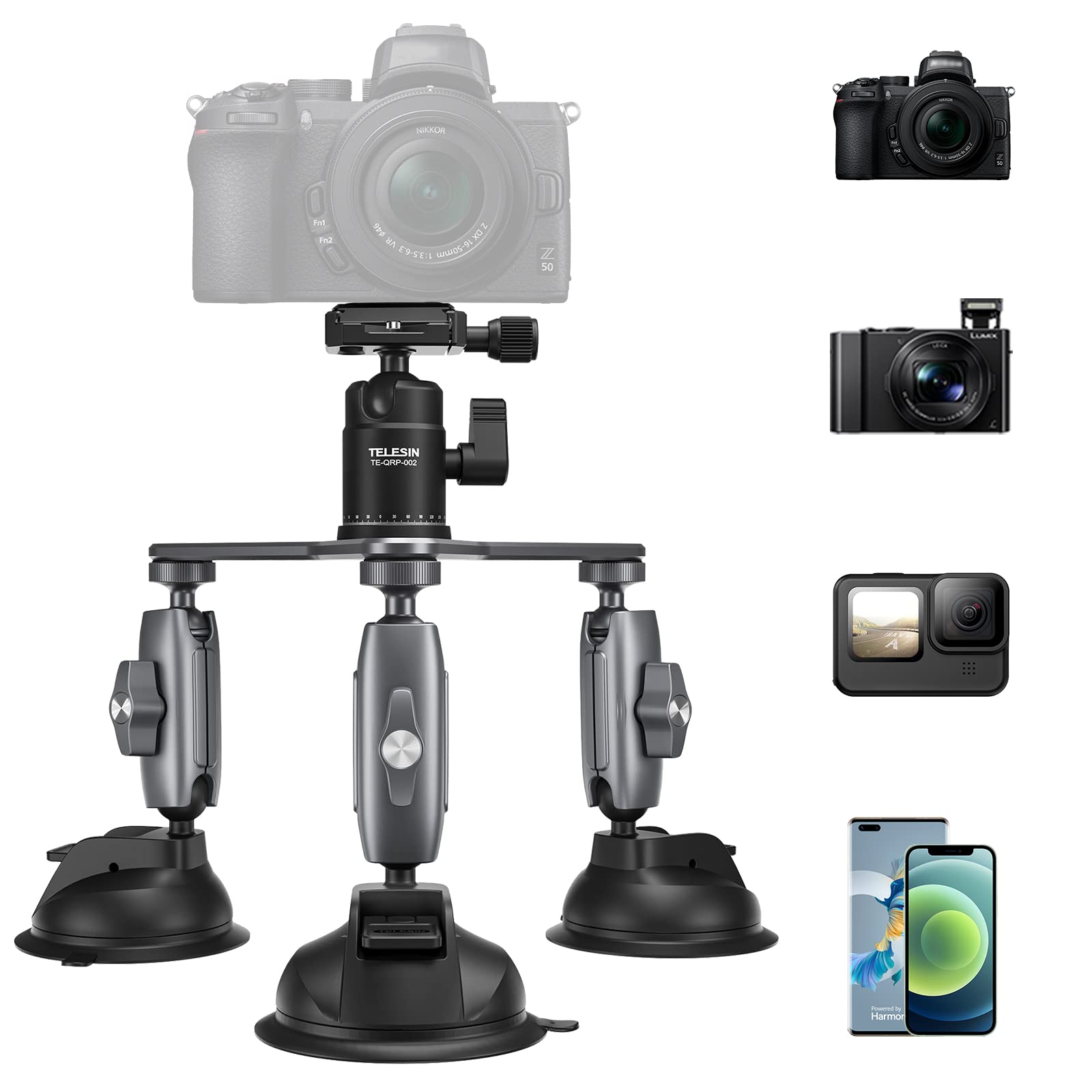 Camera and smartphone holder with multiple camera models on a white background