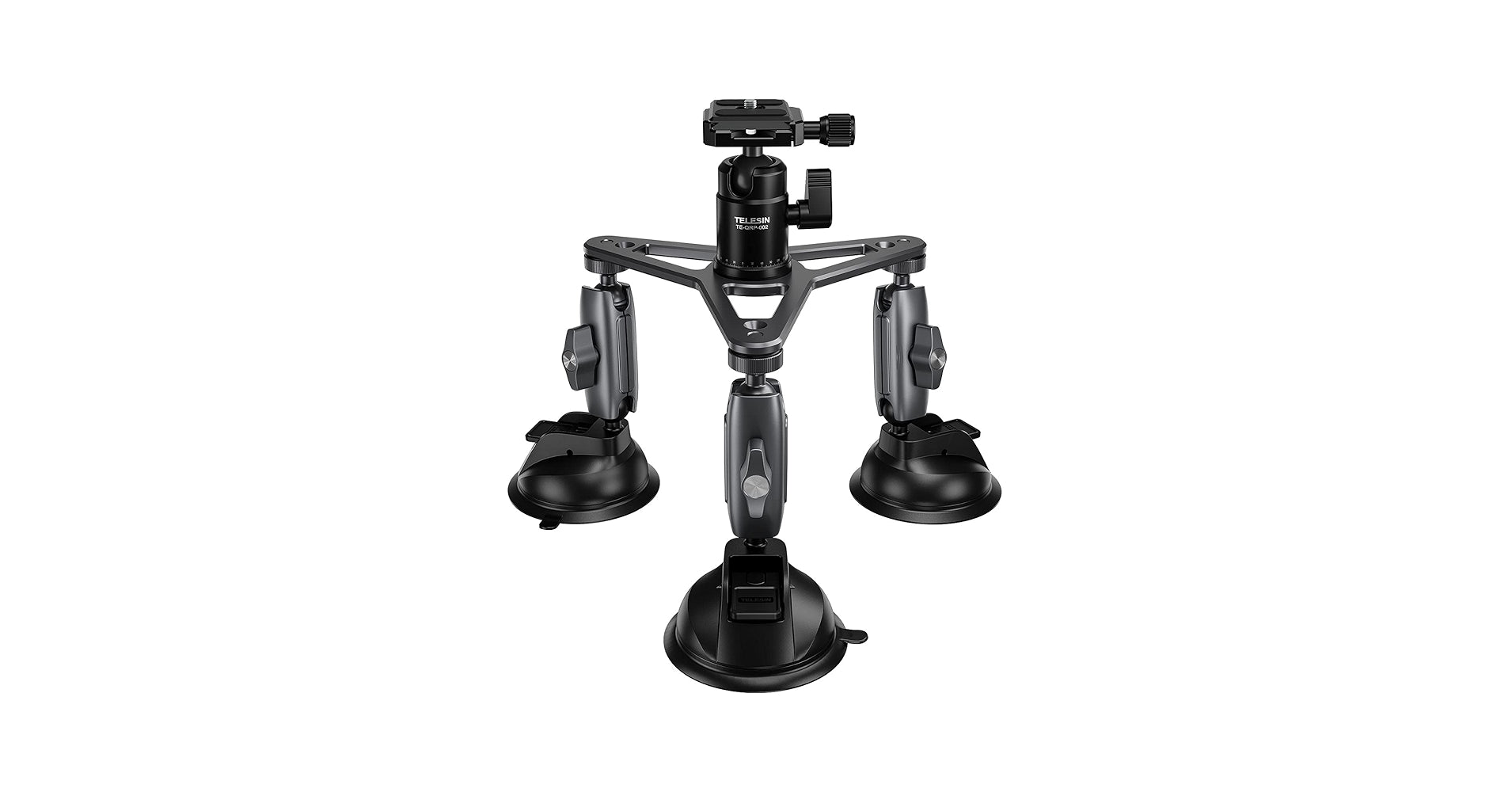 Black suction cup camera mount on a white background