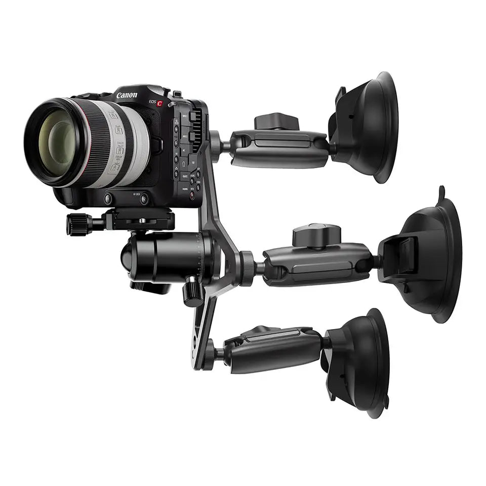 Camera with a complex mount system on a white background