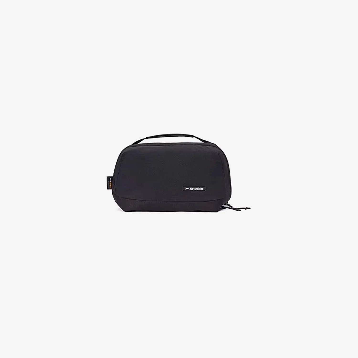 Black toiletry bag with a brand logo on a white background