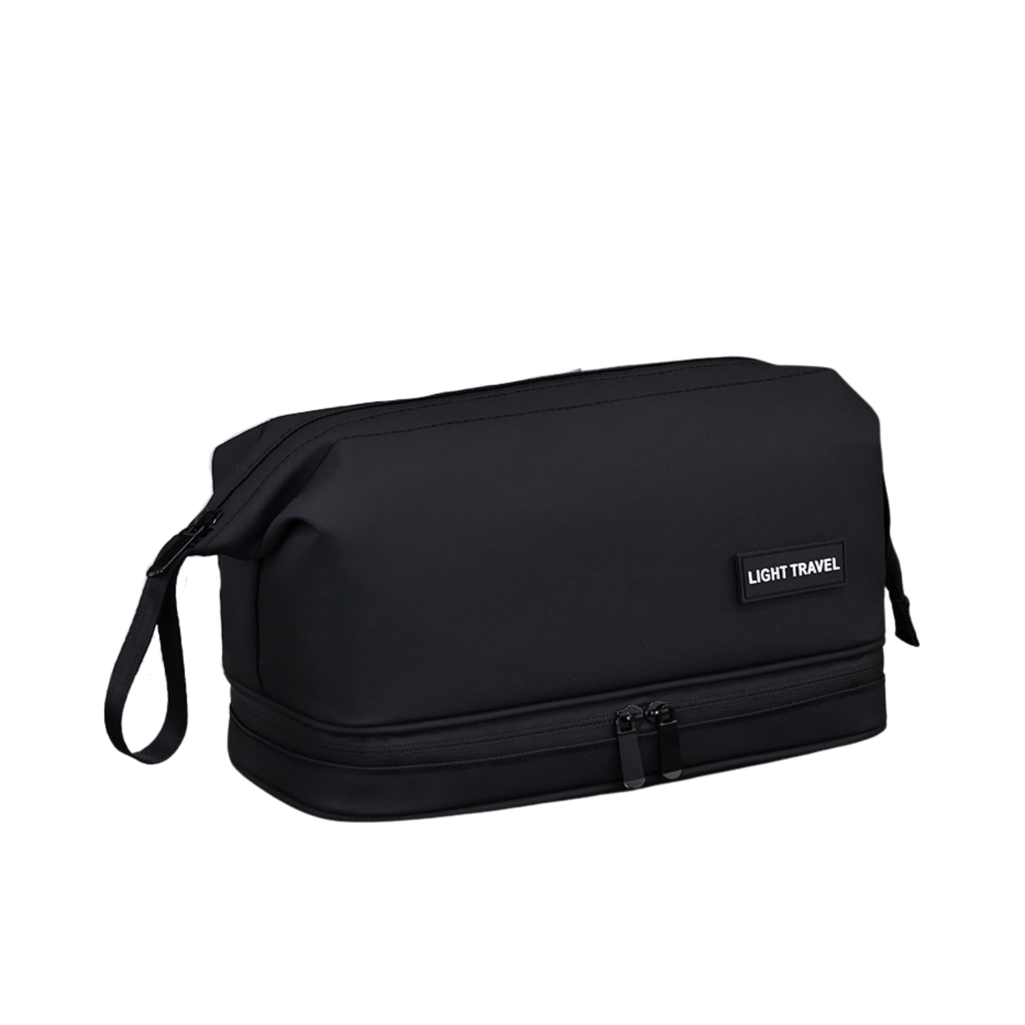 Black travel bag with 'Light Travel' label on a white background