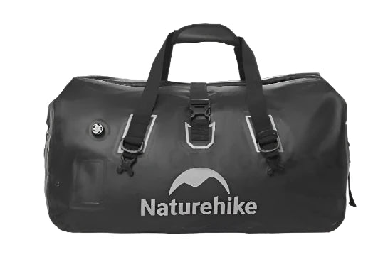 Black duffel bag with 'Naturehike' logo on a white background