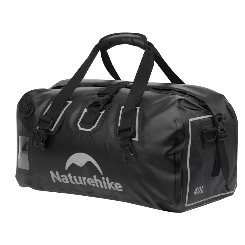 Black duffel bag with 'Naturehike' logo on a white background