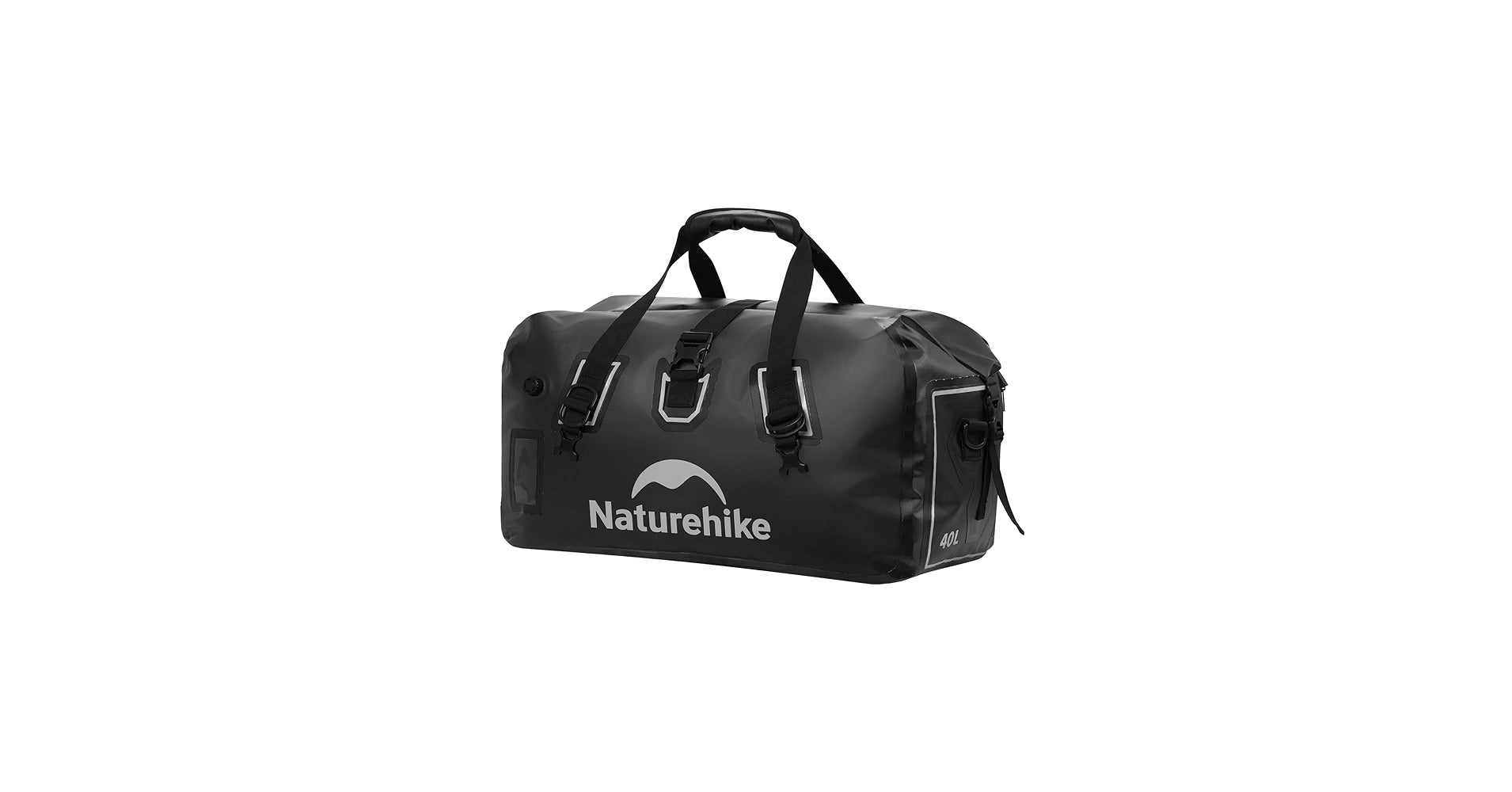 Black duffel bag with 'Naturehike' logo on a white background