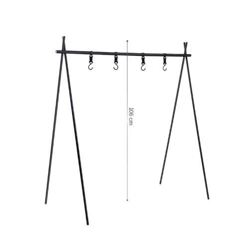 Black metal clothesline with hooks on a white background