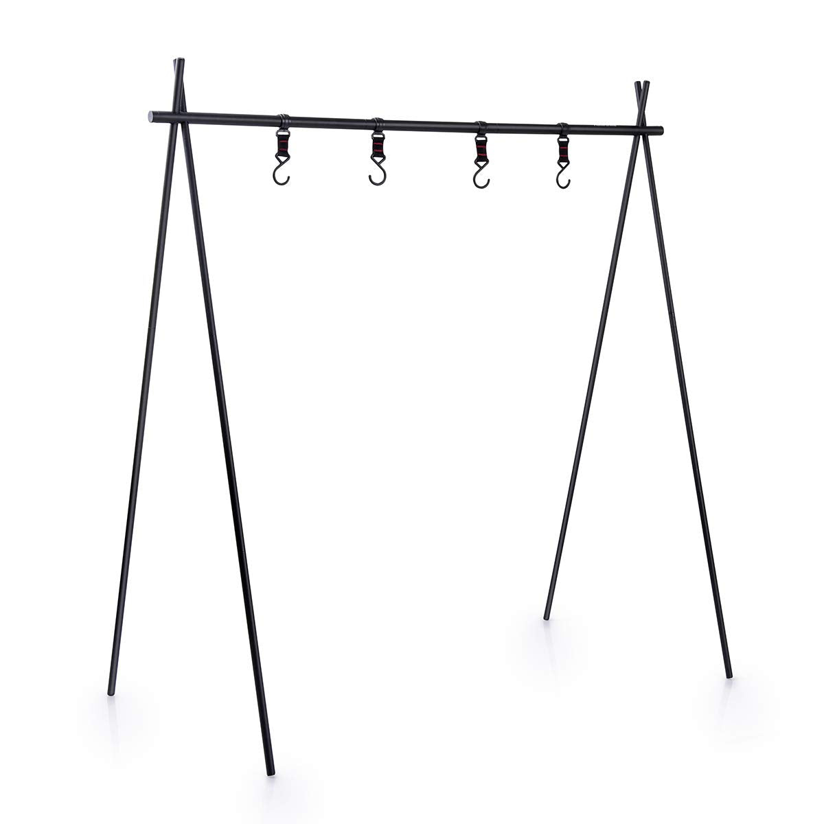 Black metal stand with hooks on a white background