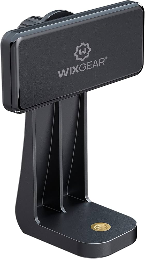 Black phone stand with WixGear logo on a white background
