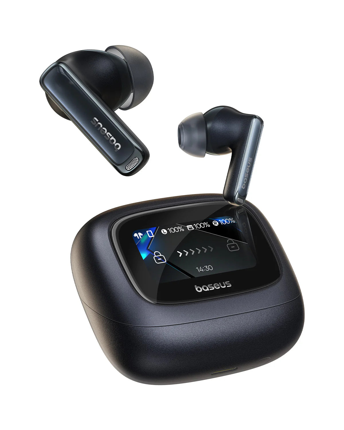 Black wireless earbuds with charging case on a white background