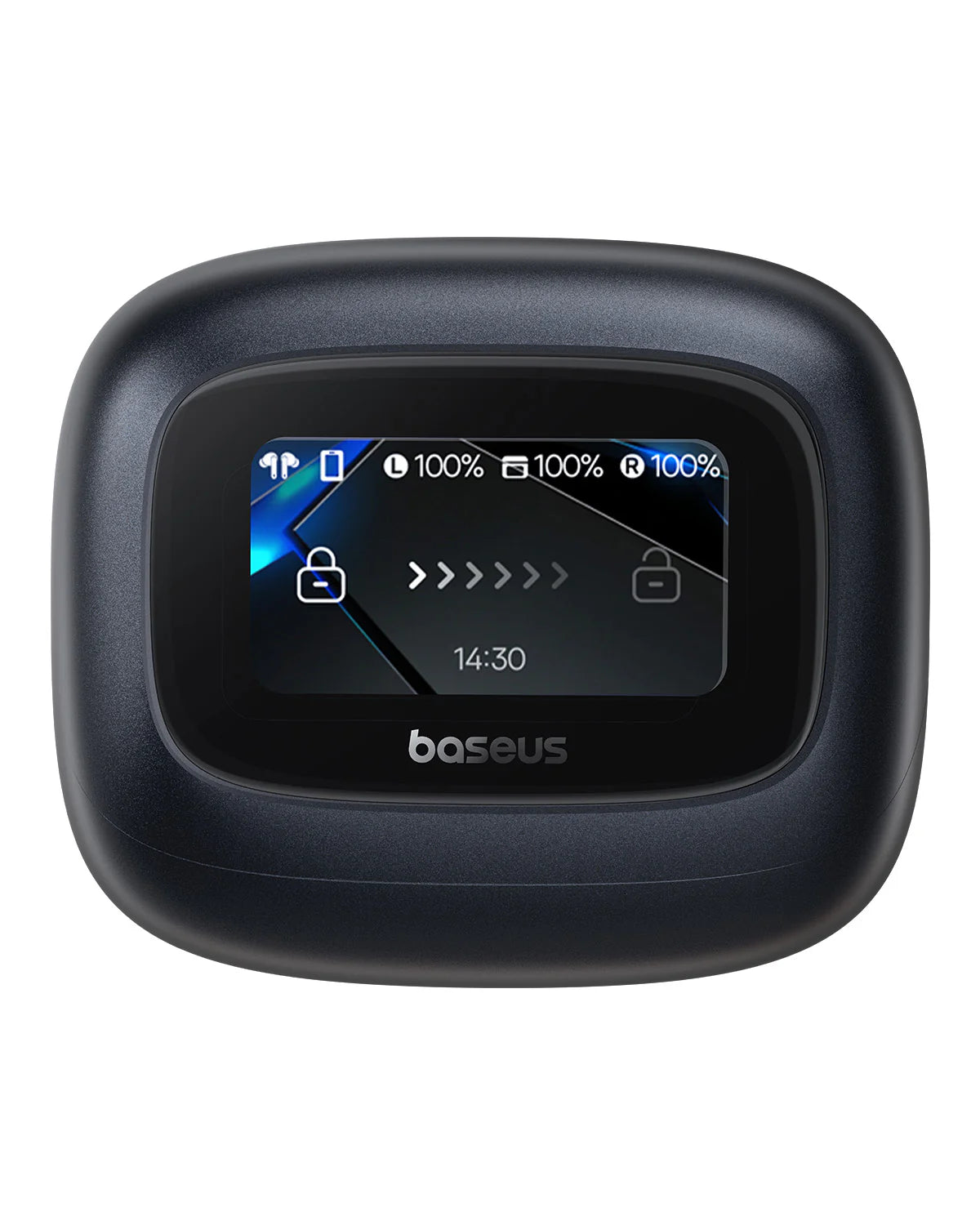 Black electronic device with a display screen on a white background, featuring the brand 'baseus'.