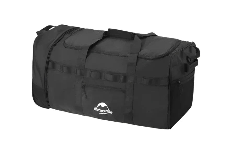 Black duffel bag with a visible brand logo on a white background