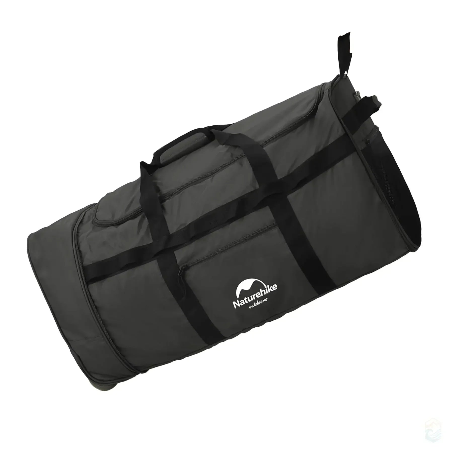 Black duffel bag with 'Naturehike' logo on a white background