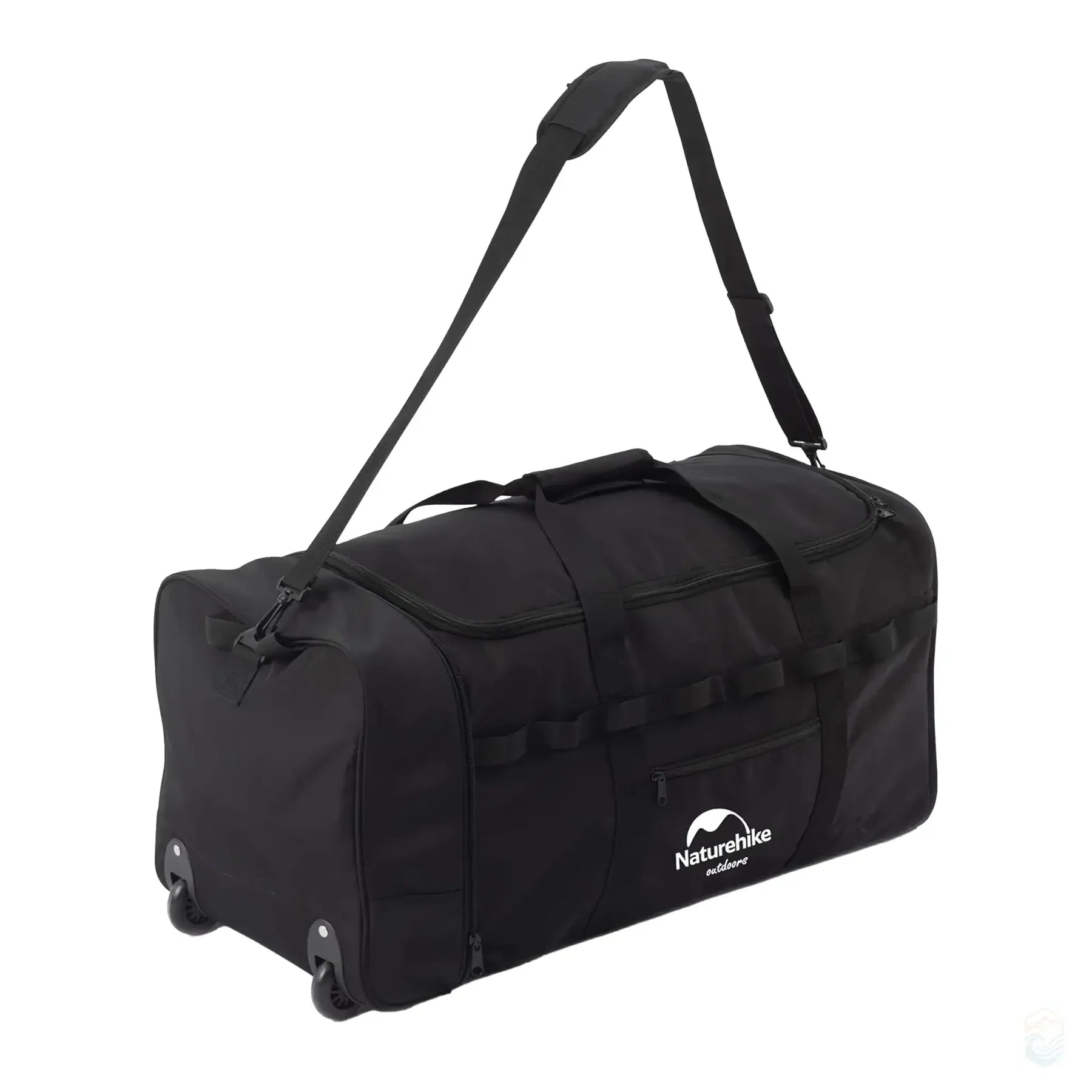 Black rolling duffel bag with a strap on a white background
