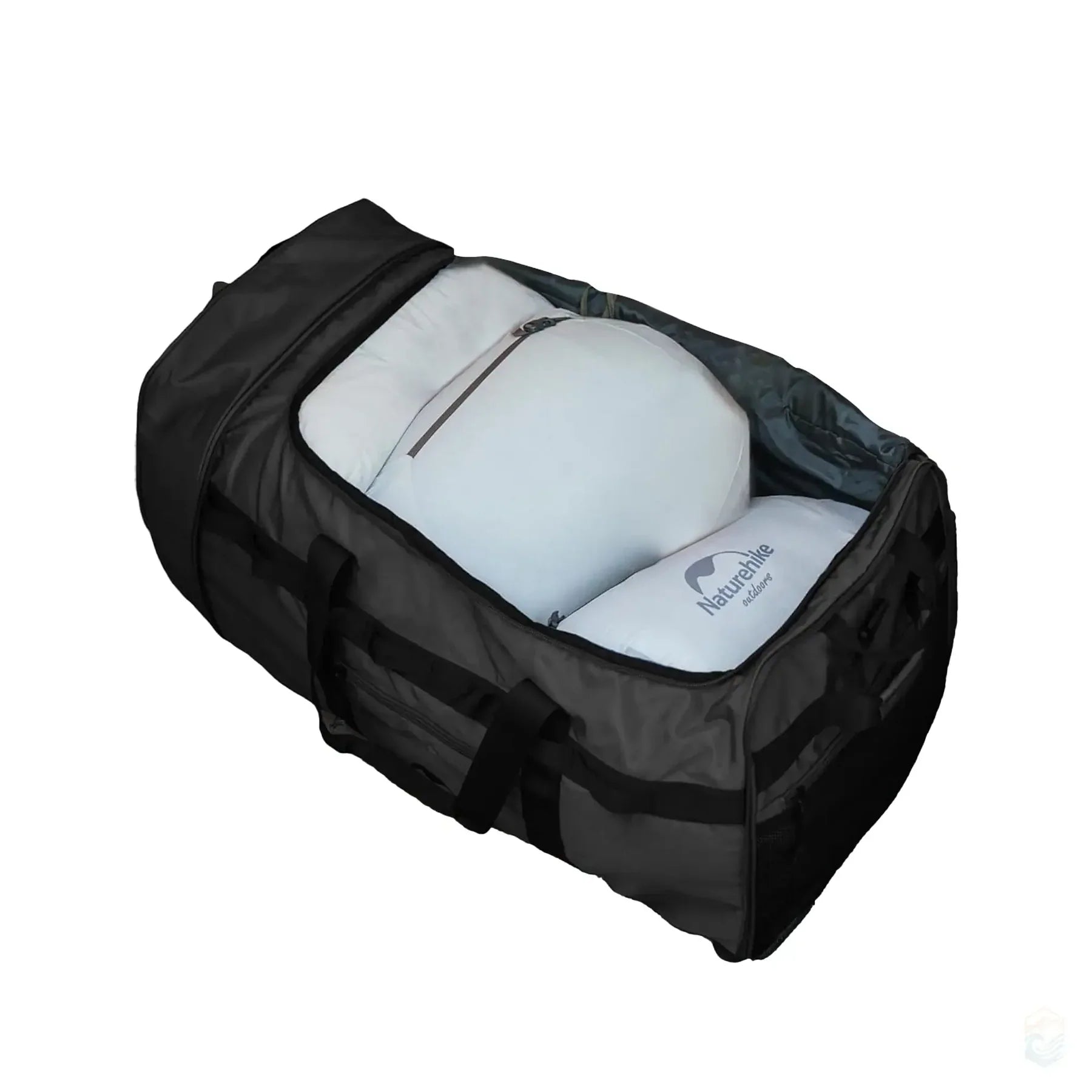 Black duffel bag with white sleeping bags inside on a white background