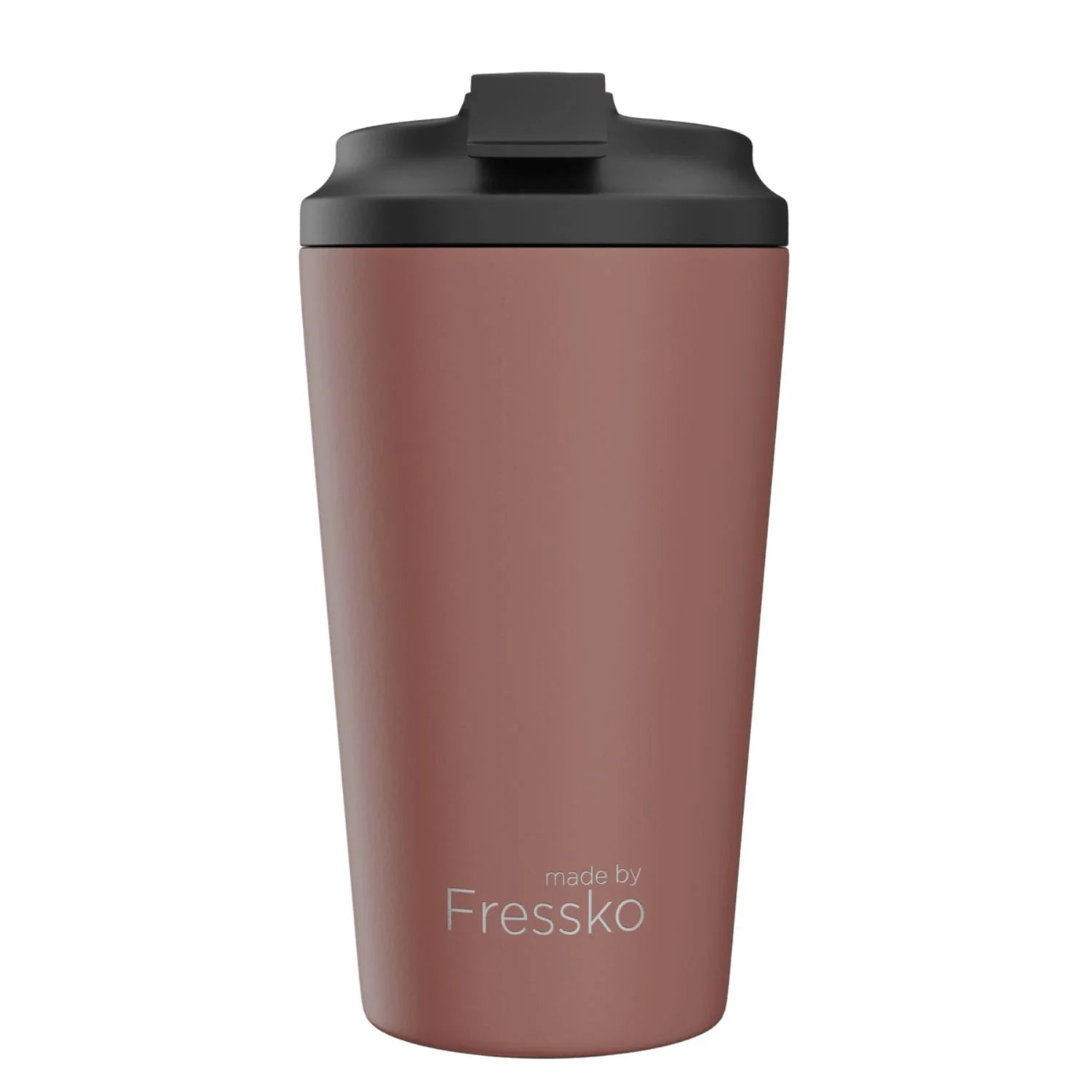 Brown tumbler with black lid on a white background, branded 'made by Fressko'.