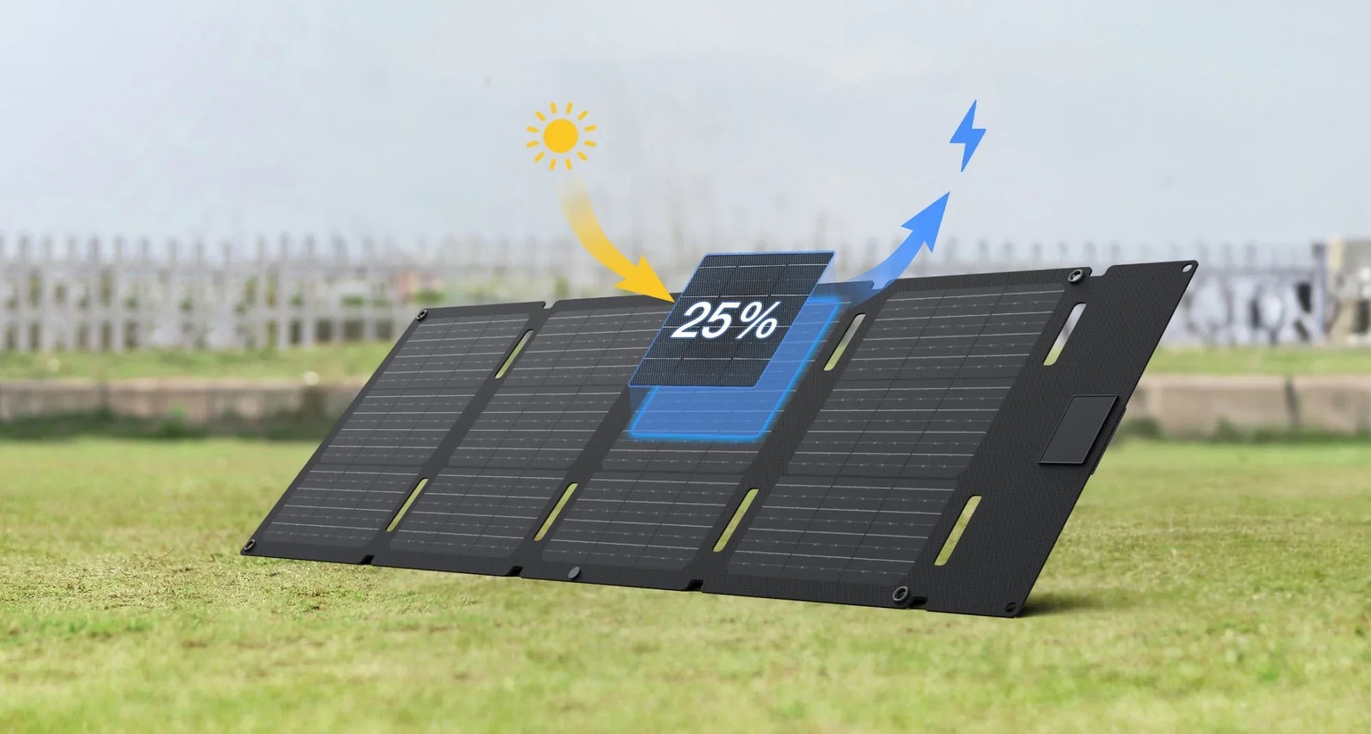 Solar panel on grass with sun and battery icon graphics