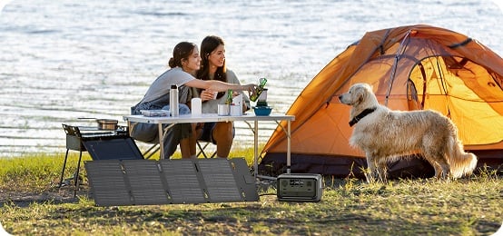 Two women and a dog by an orange tent with a solar panel and generator on a grassy area near water.