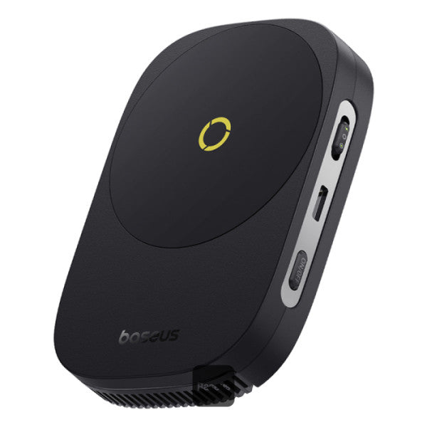 Black electronic device with a yellow logo on a white background