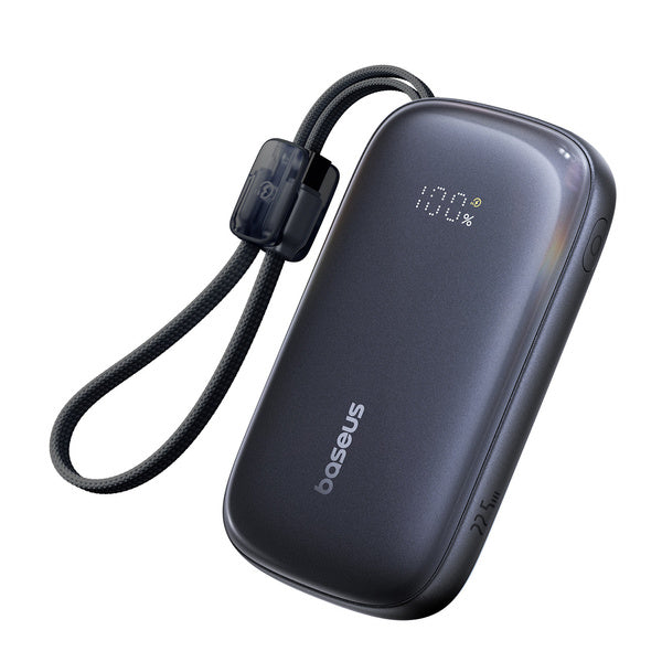 Black power bank with digital display and lanyard on a white background