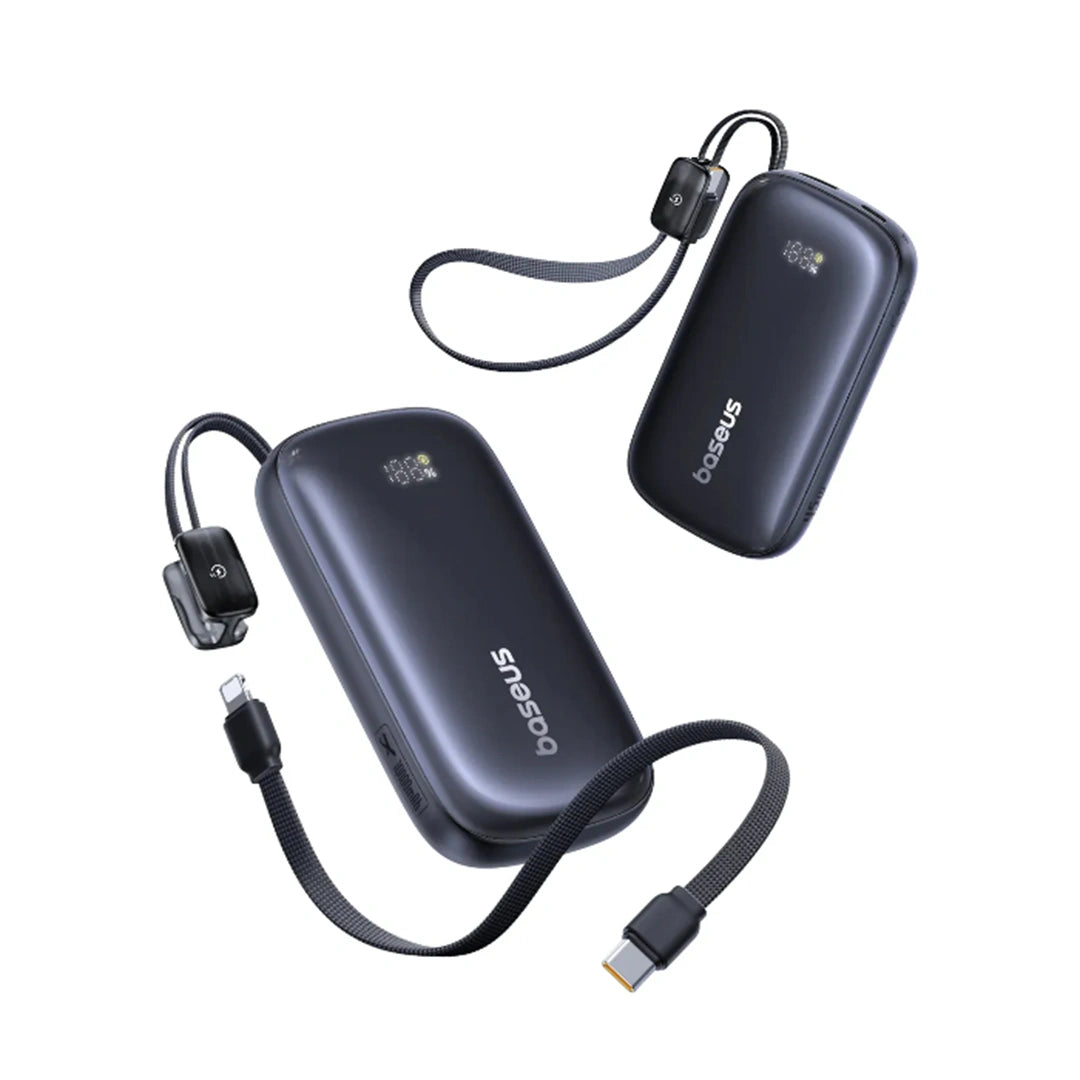 Black portable charger with cable and strap on a white background