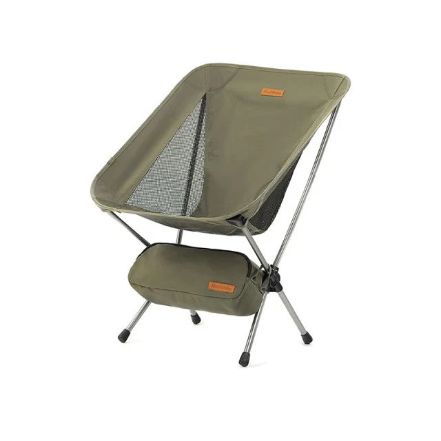 Green camping chair with mesh back and footrest on a white background