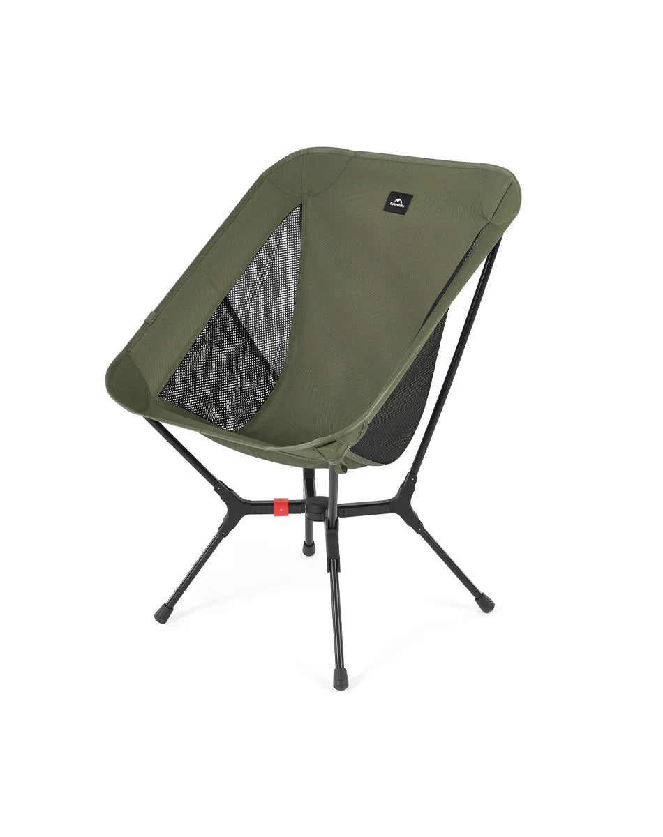 Green camping chair with a black mesh back on a white background