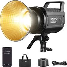 Studio light with brand name and specifications on a black background