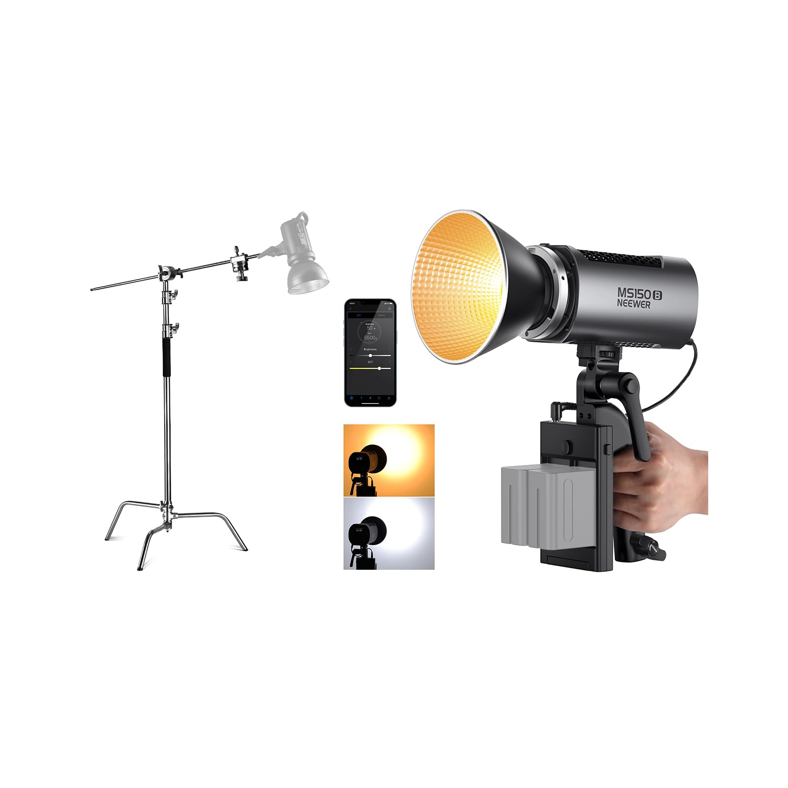 Studio light with stand, phone, and images on a white background