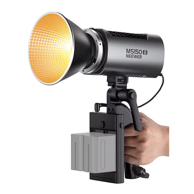 Studio light with a hand holding it on a white background, featuring the brand 'Neewer'.