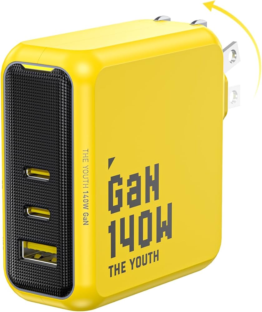 Yellow power adapter with multiple USB ports and 'GaN 140W The Youth' branding.