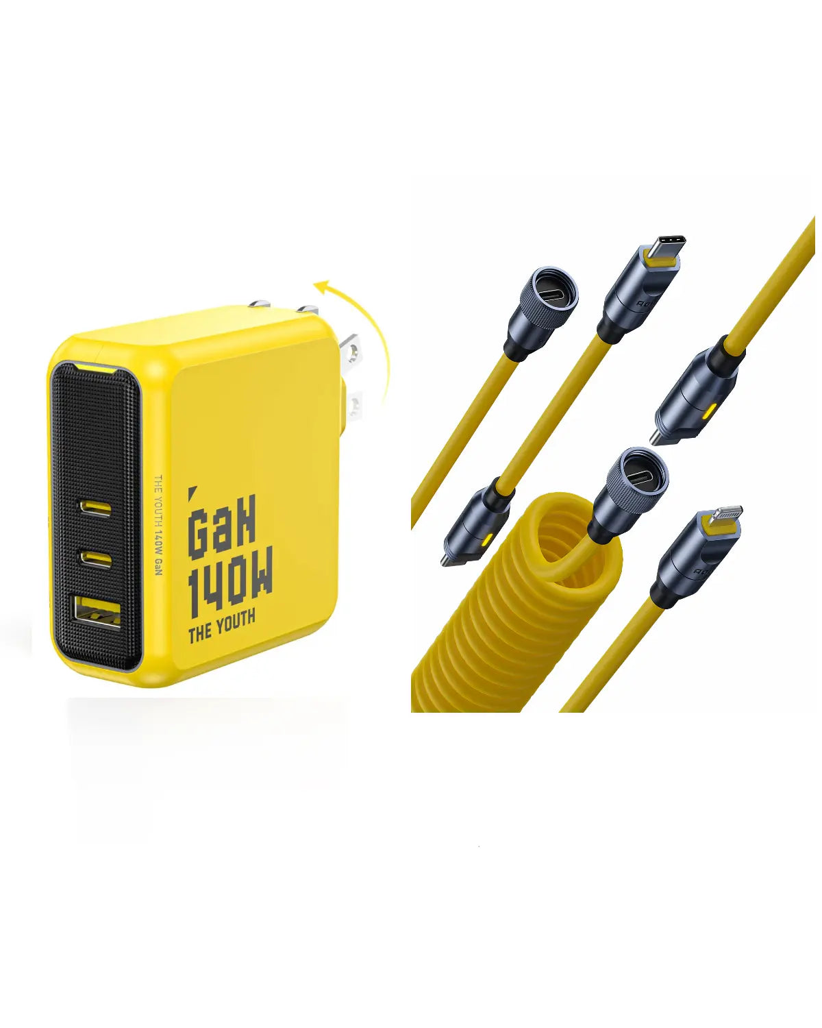 Yellow power adapter with multiple charging cables on a white background