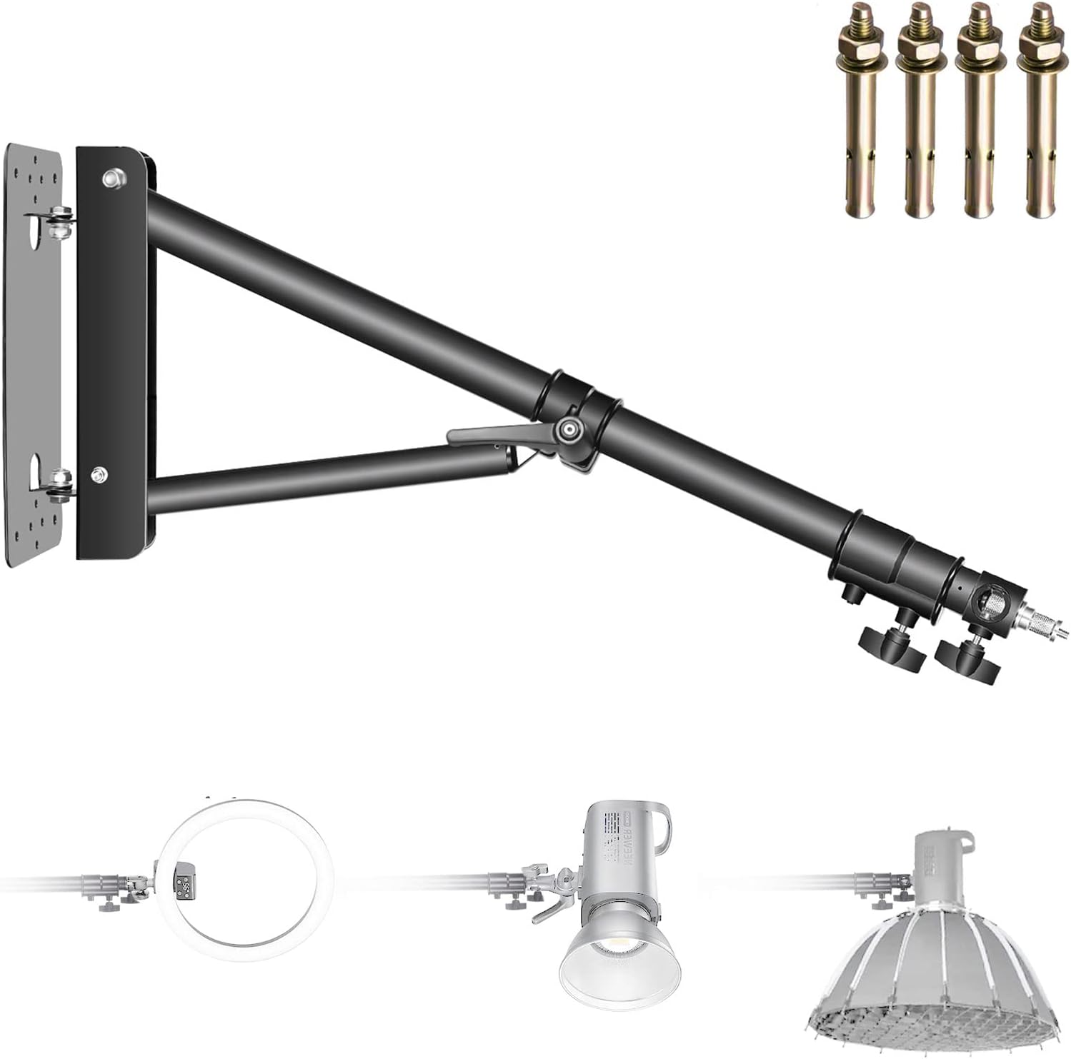 Studio light stand with attachments on a white background